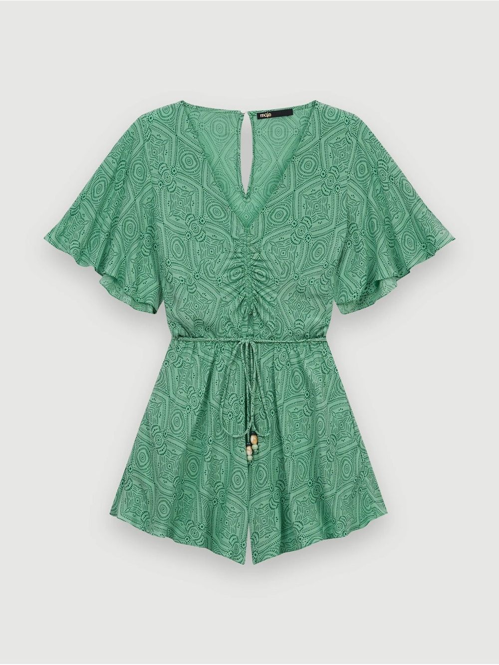 Maje Green Printed Short-Sleeve Tie-Waist Romper